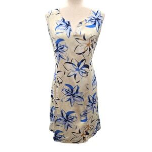 Tsunami Vintage Floral Lily Print V-Neck Sleeveless Shift Dress Cream Blue Sz. 8